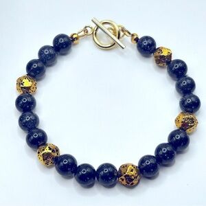 NWOT Genuine blue sandstone with gold pltd lava rock 18 k gold pltd stainless s